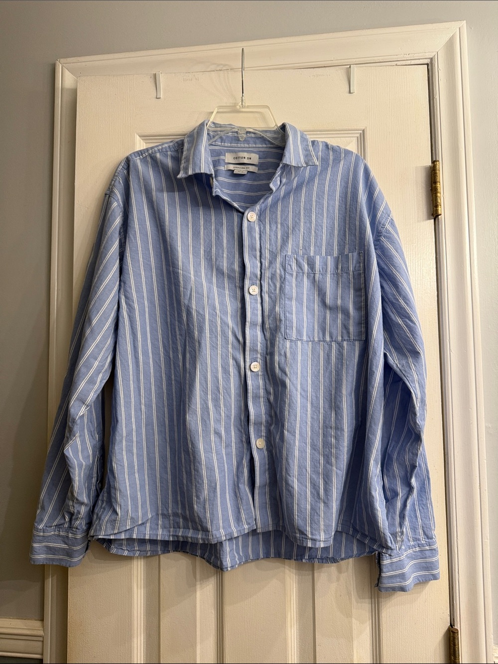 Cotton On Light Blue and White Vertical Stripe Button-Down over sized Shirt